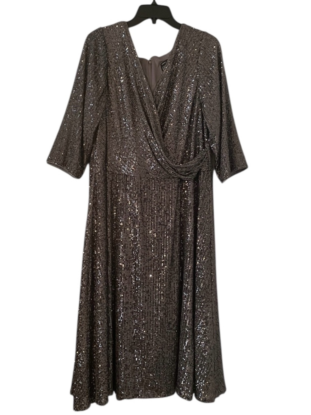 Alex Evenings Women's Plus Gunmetal Gray Sequined‎ Ruffle Midi Dress Size 18W